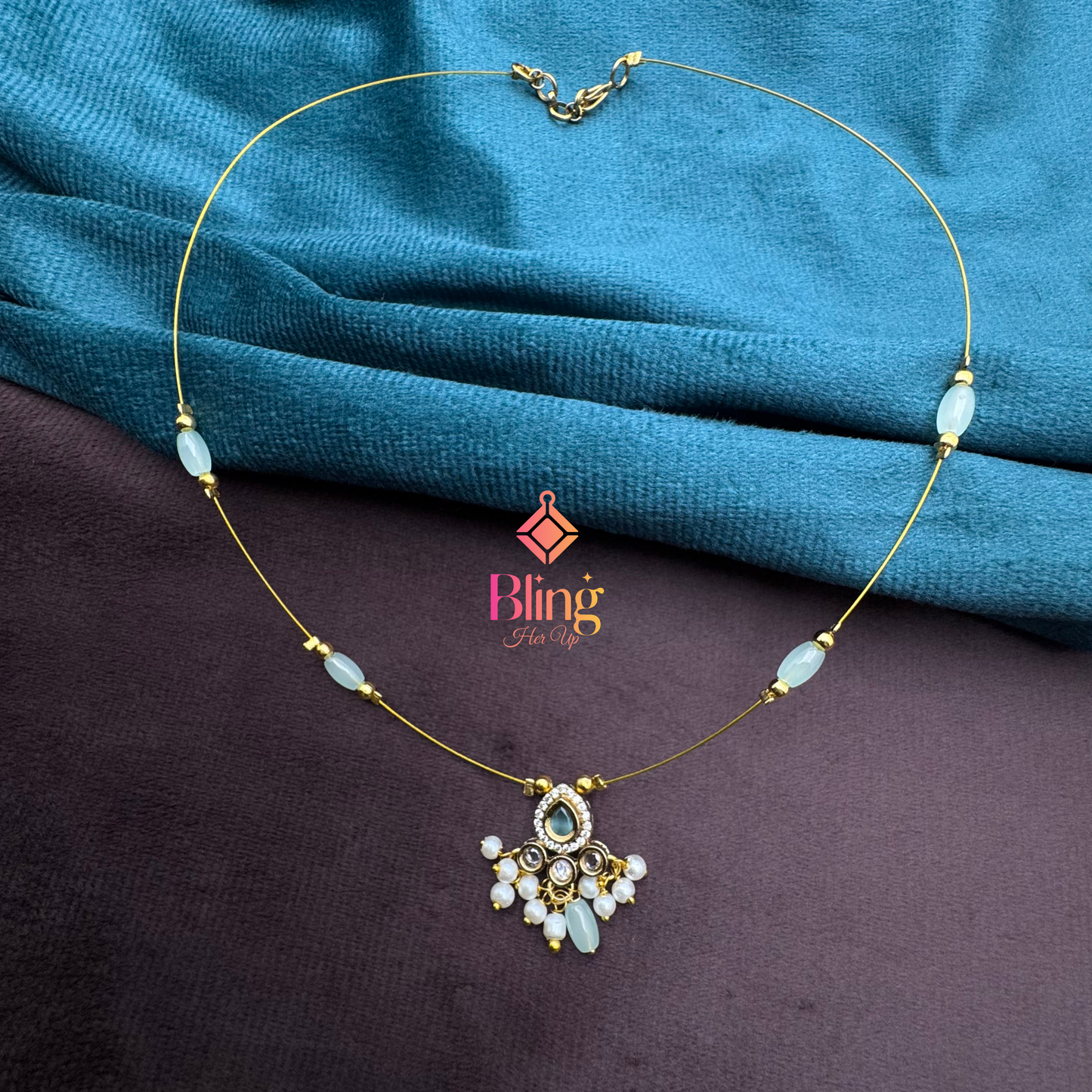 Blue Mist Invisible Necklace – Kundan Pendant with Pearls