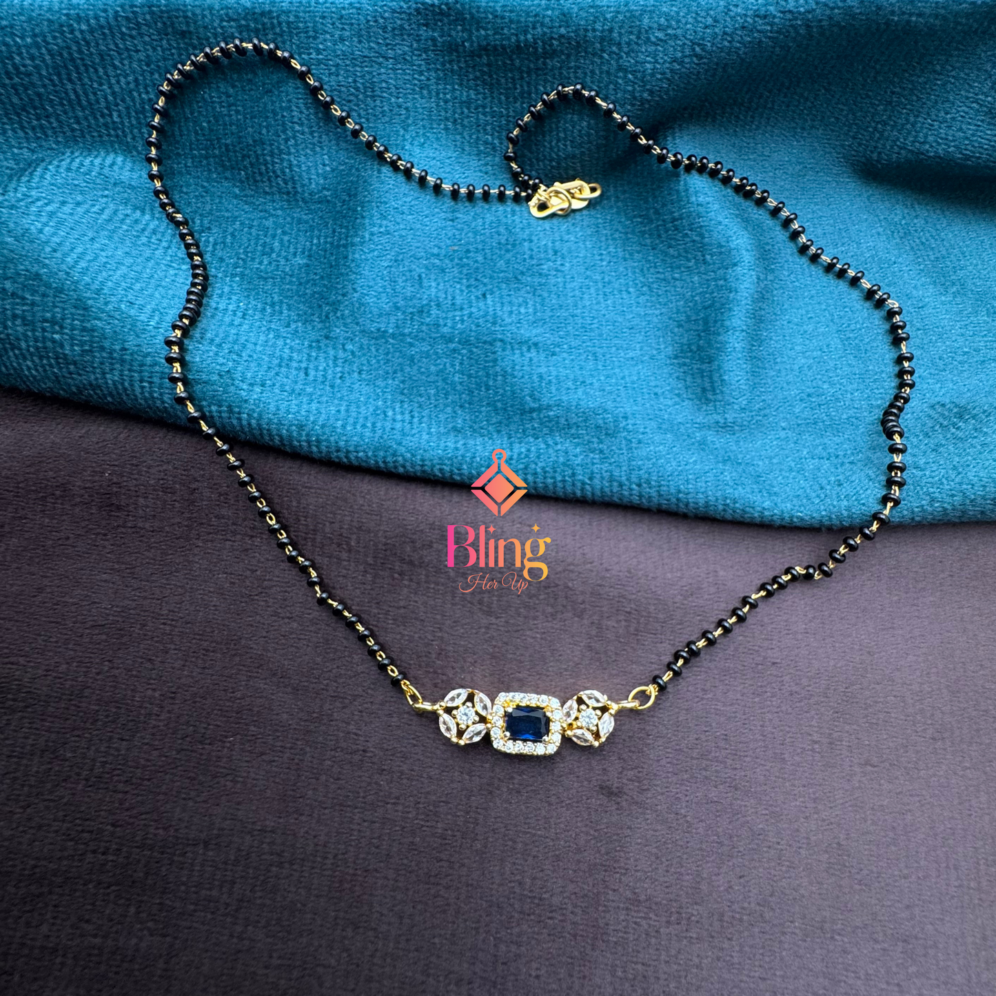 Midnight Blue Center Mangalsutra with Zircon Floral Accents