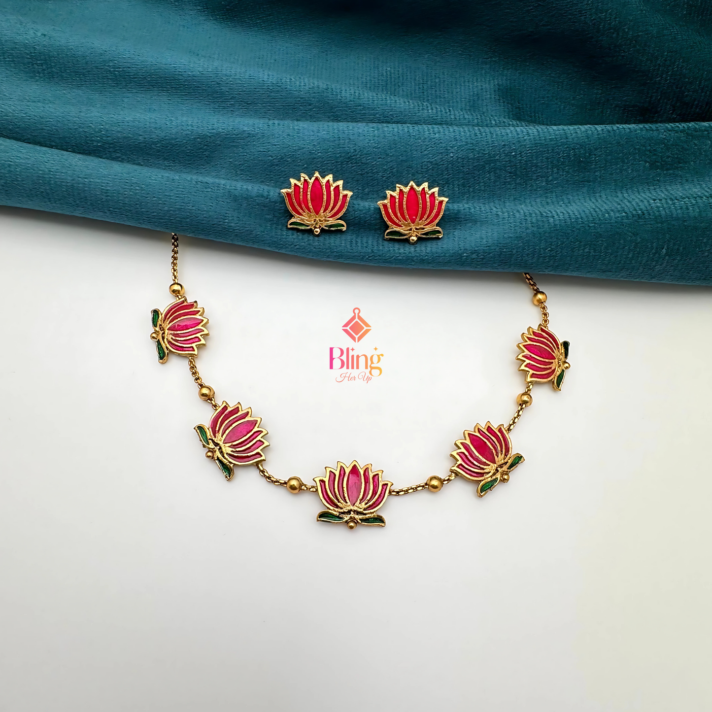 Manju Warrier Inspired Five Pink Lotus Necklace Set with Earrings