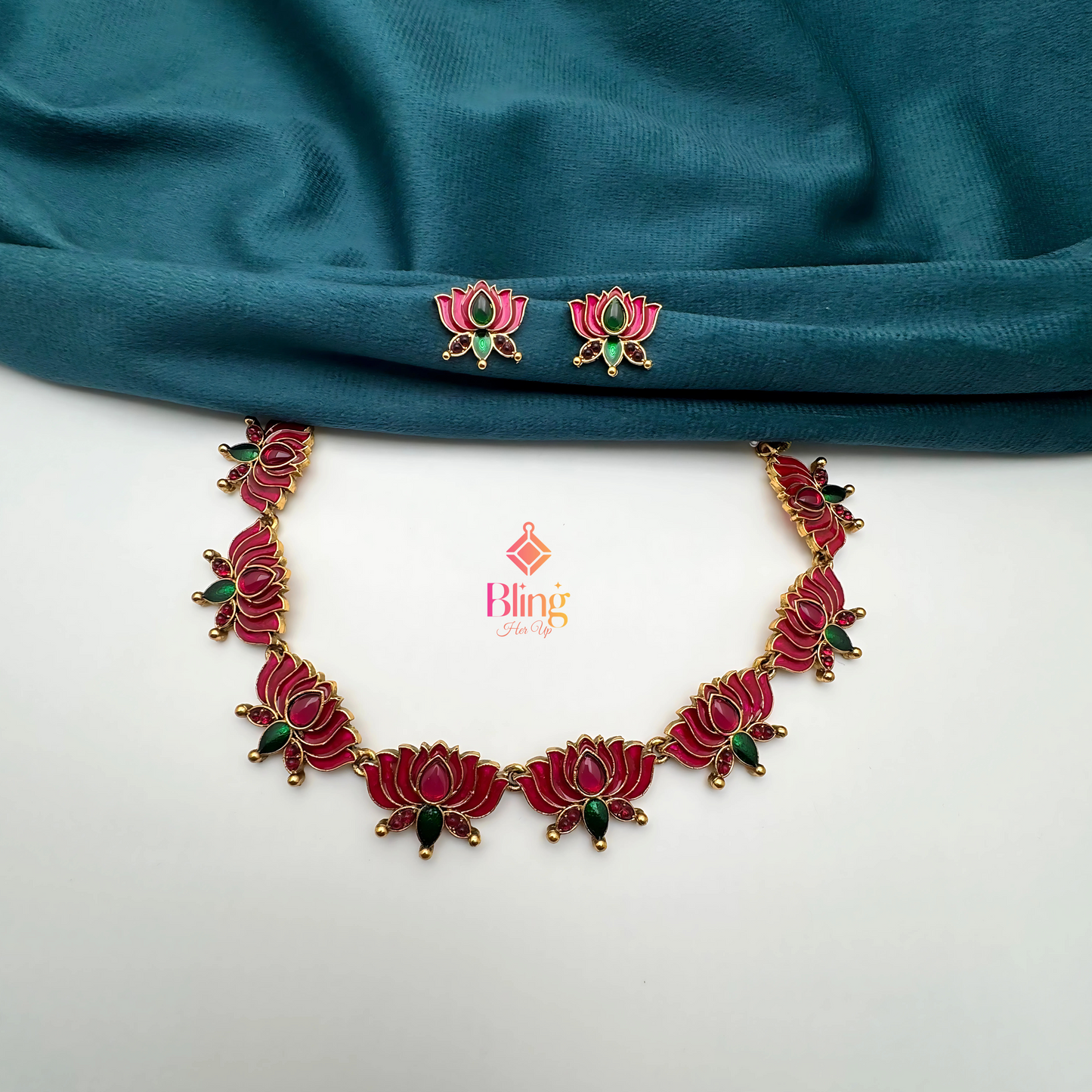 Padma Tejas Ruby-Green Lotus Necklace Set