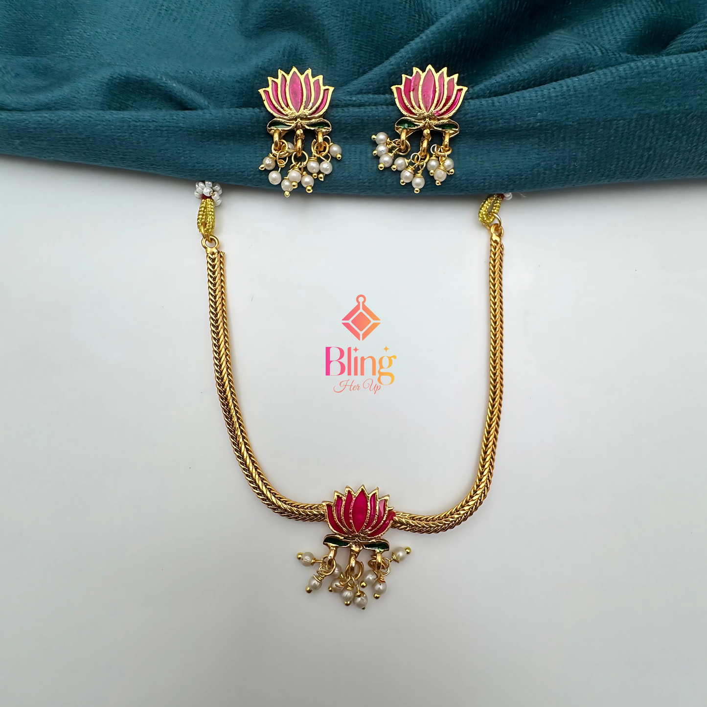 Pink Lotus Pearl Drop Necklace Set in Antique Gold Finish