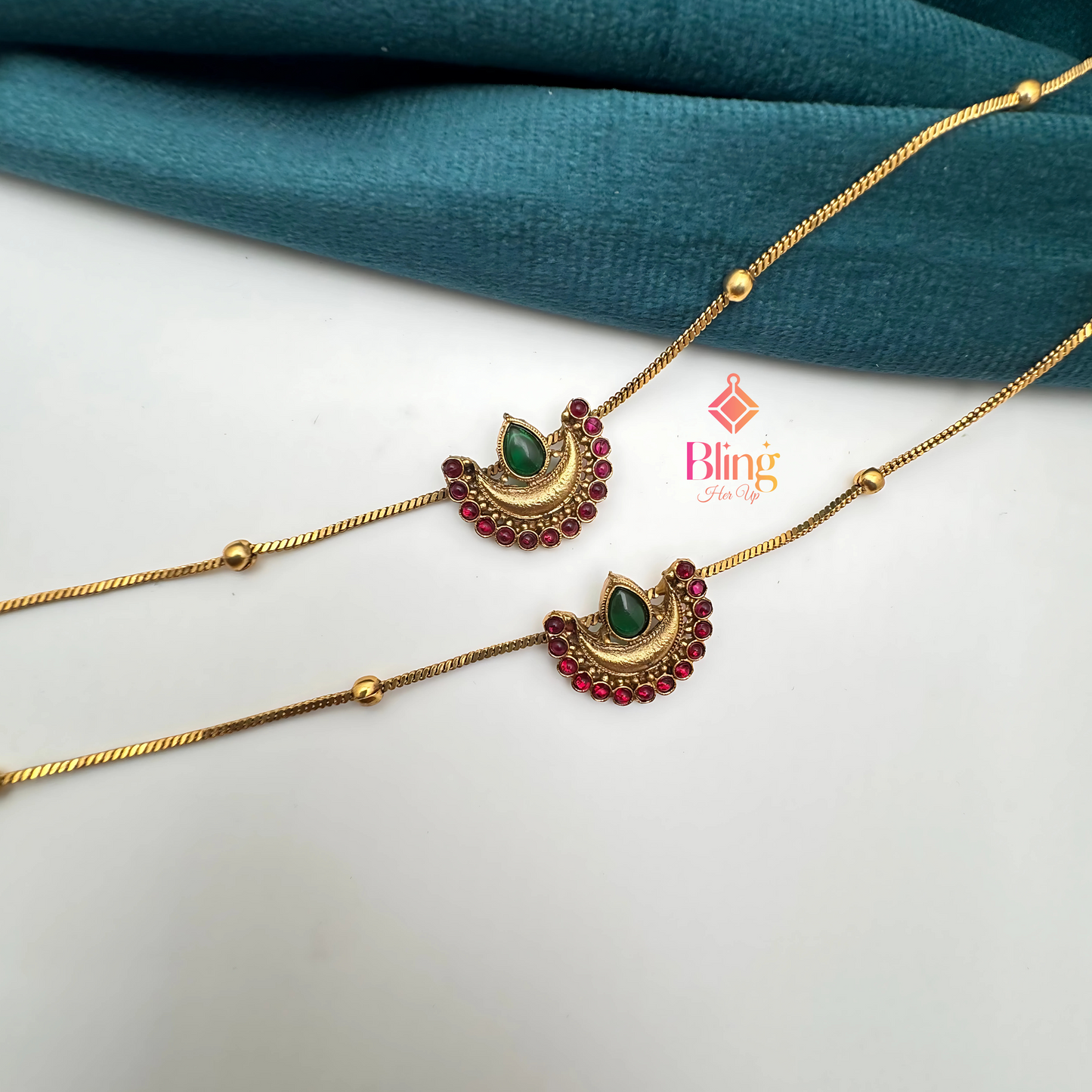 Temple Crescent Anklet Set with Ruby & Emerald Accents – Antique Gold Finish