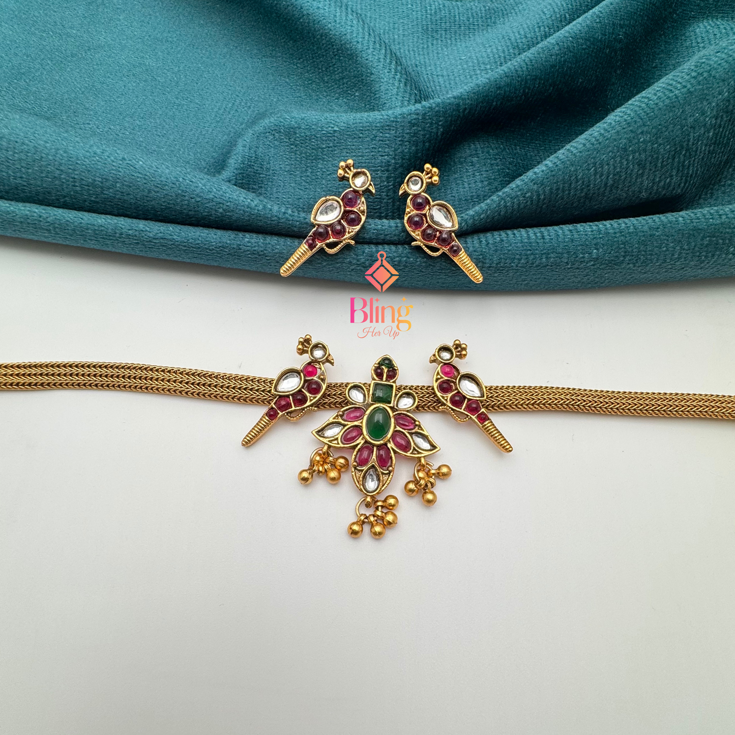 Royal Parrot Motif Temple Necklace Set – Ruby & Emerald Toned Beauty