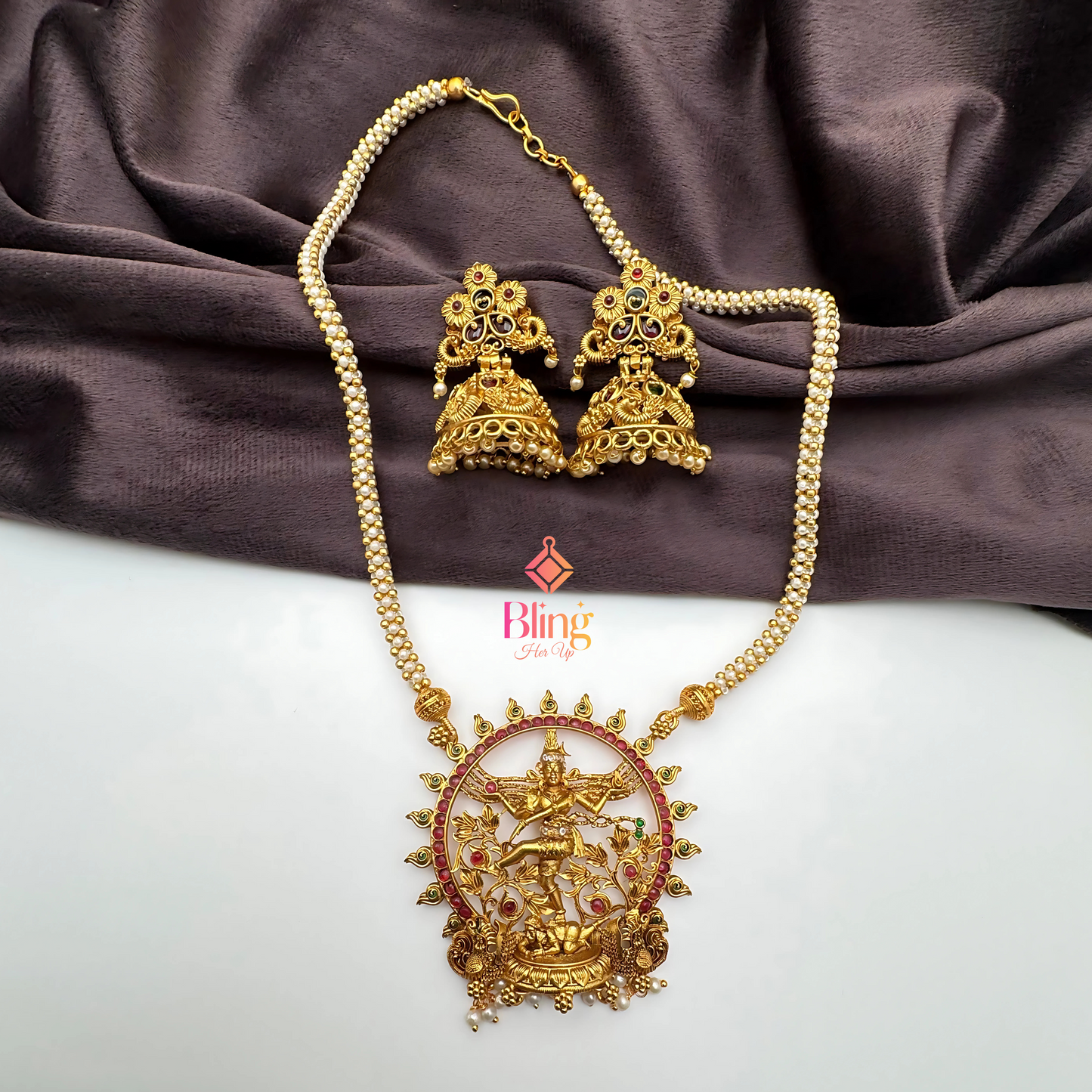 Divine Nataraja Temple Necklace Set – Antique Gold Finish with Pearl Chain & Jhumkas