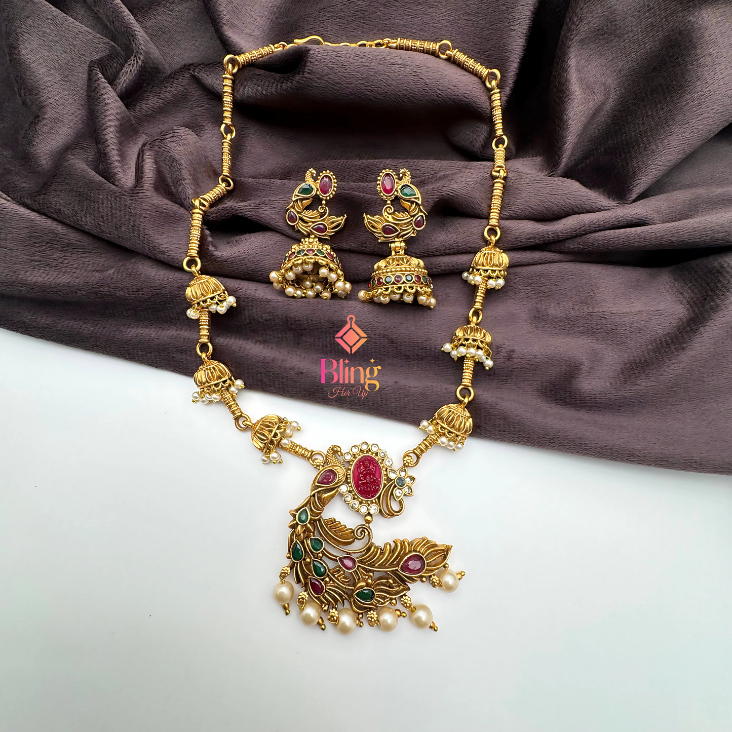 Antique Peacock Pendant Necklace Set with Kemp Stones & Jhumka Bells – Matte Gold Finish