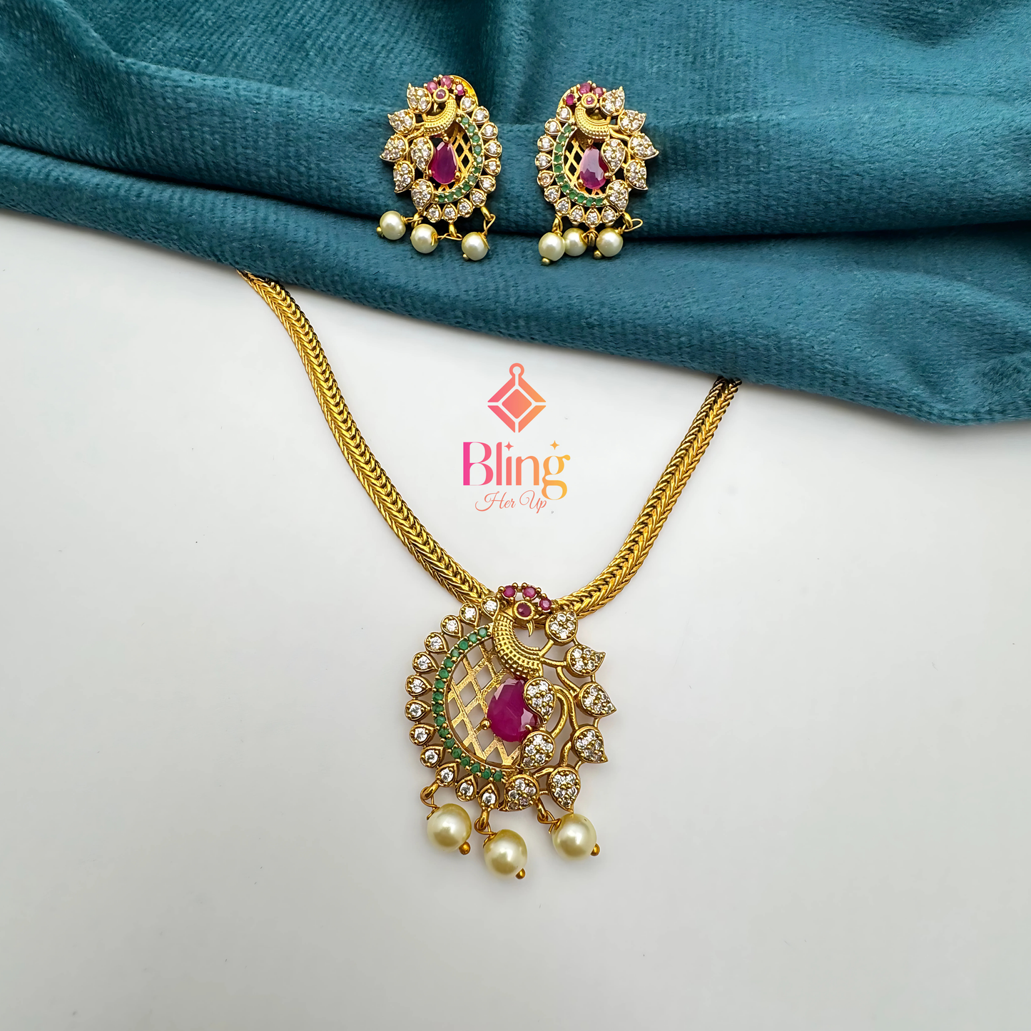 Peacock Attigai Set with AD Stones & Pearls – Traditional Temple Jewelry for Festive Elegance