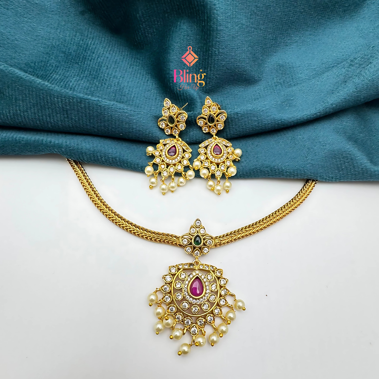 Antique Attigai Choker Necklace Set with Ruby & Pearls