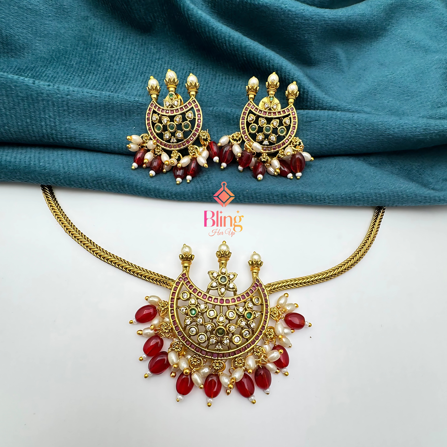 Crescent Floral Attigai Choker Necklace Set in Antique Gold