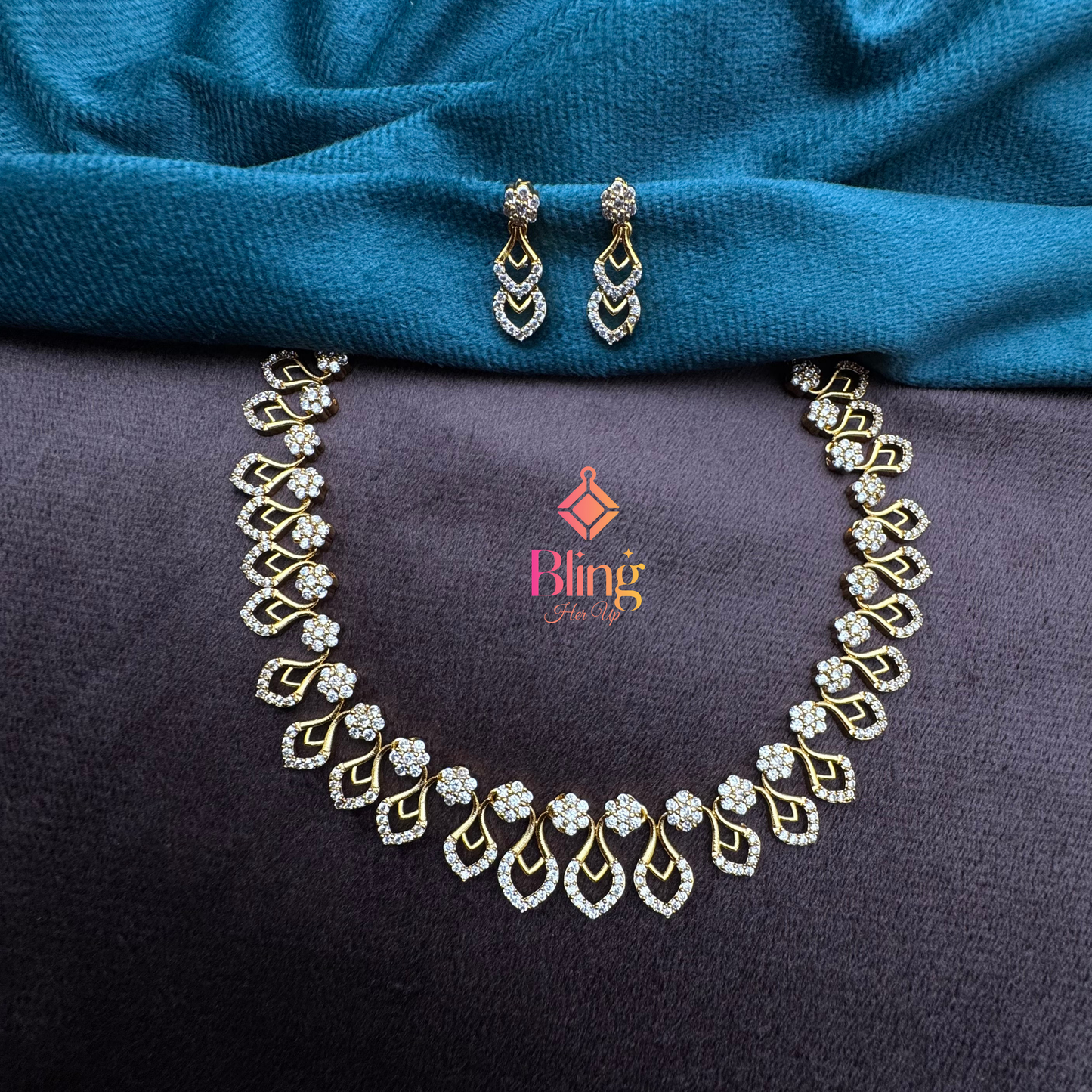 Floral Teardrop Sparkle AD Necklace Set in Gold Finish