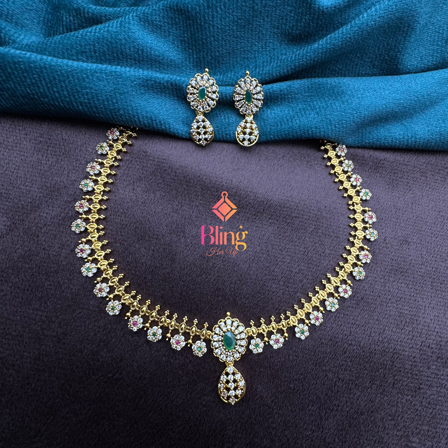 Green & Ruby Floral AD Necklace Set