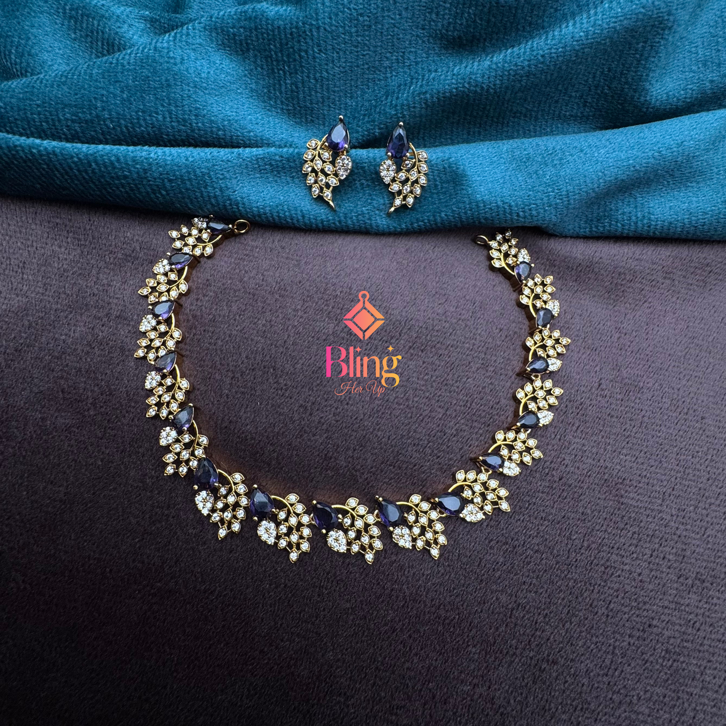 Midnight Blue Leaf Cluster AD Necklace Set