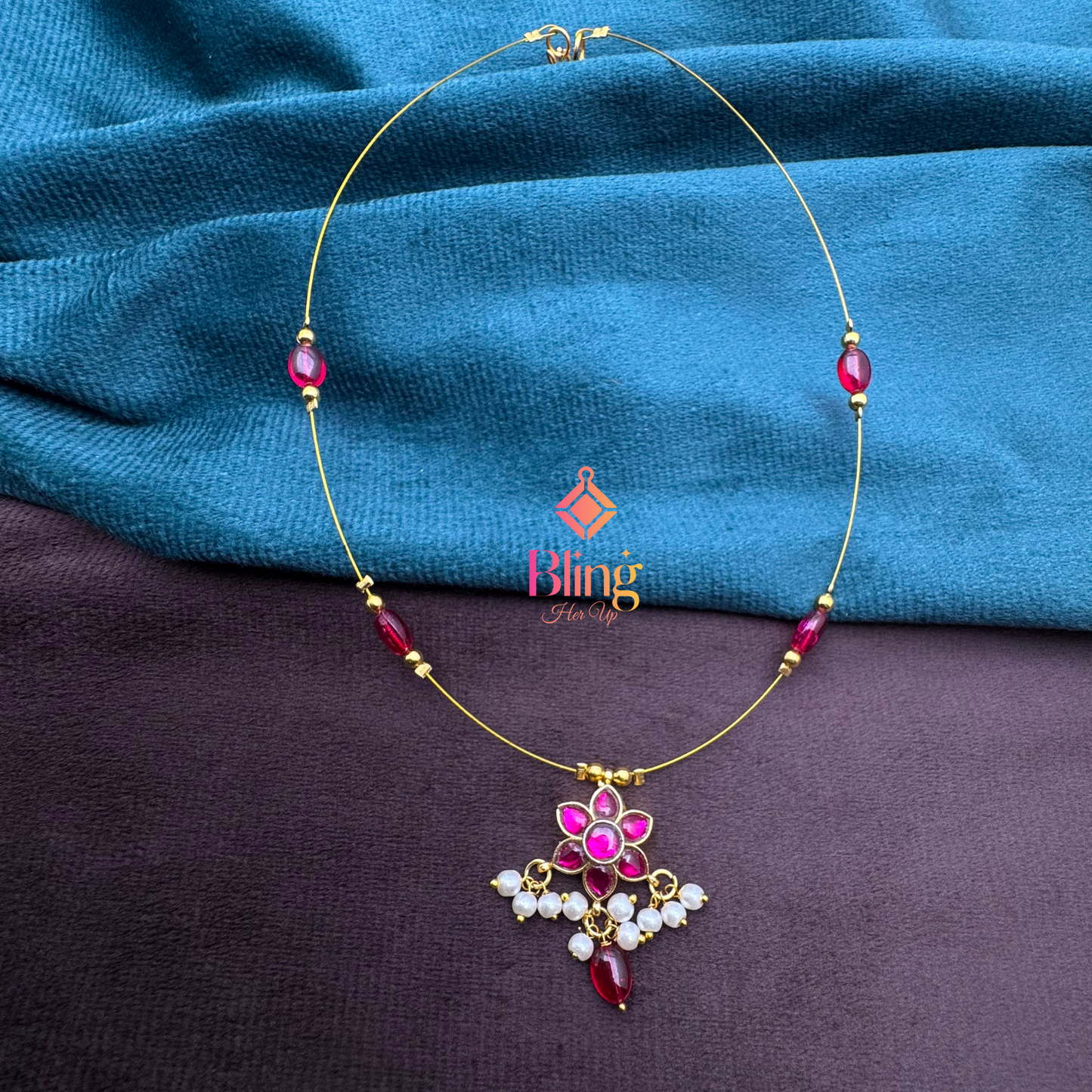 Ruby Bloom Invisible Necklace with Flower Pearl Drape Pendant