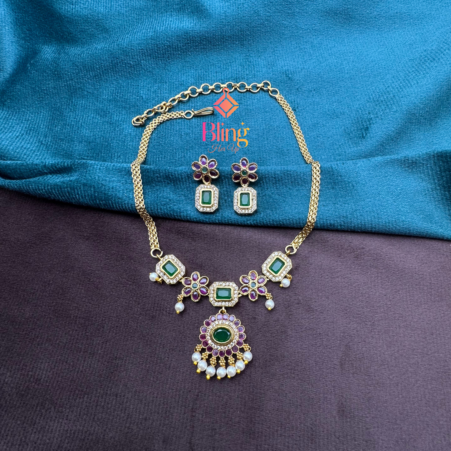 Temple-Inspired Floral Necklace in Gold Finish with Emerald Green Stones