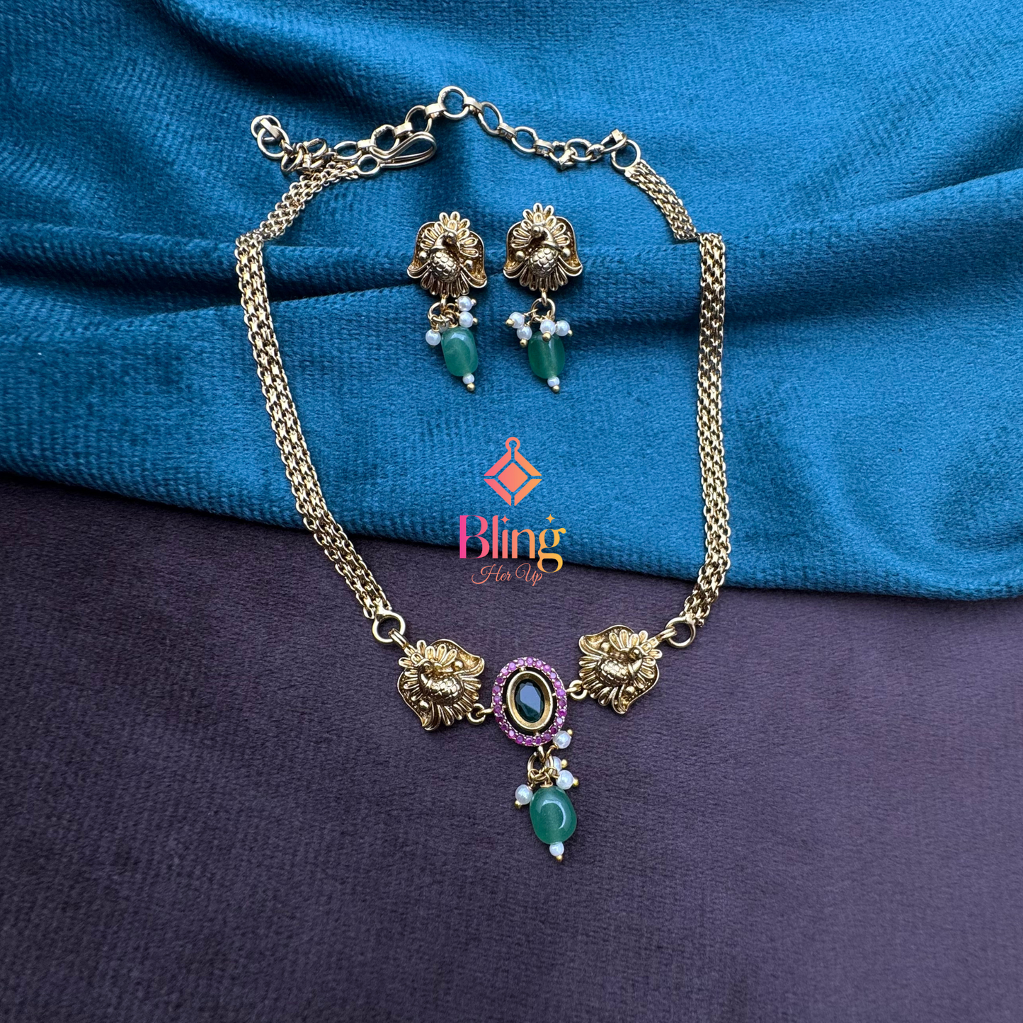 Traditional Peacock Choker in Antique Finish with Beaded Drops