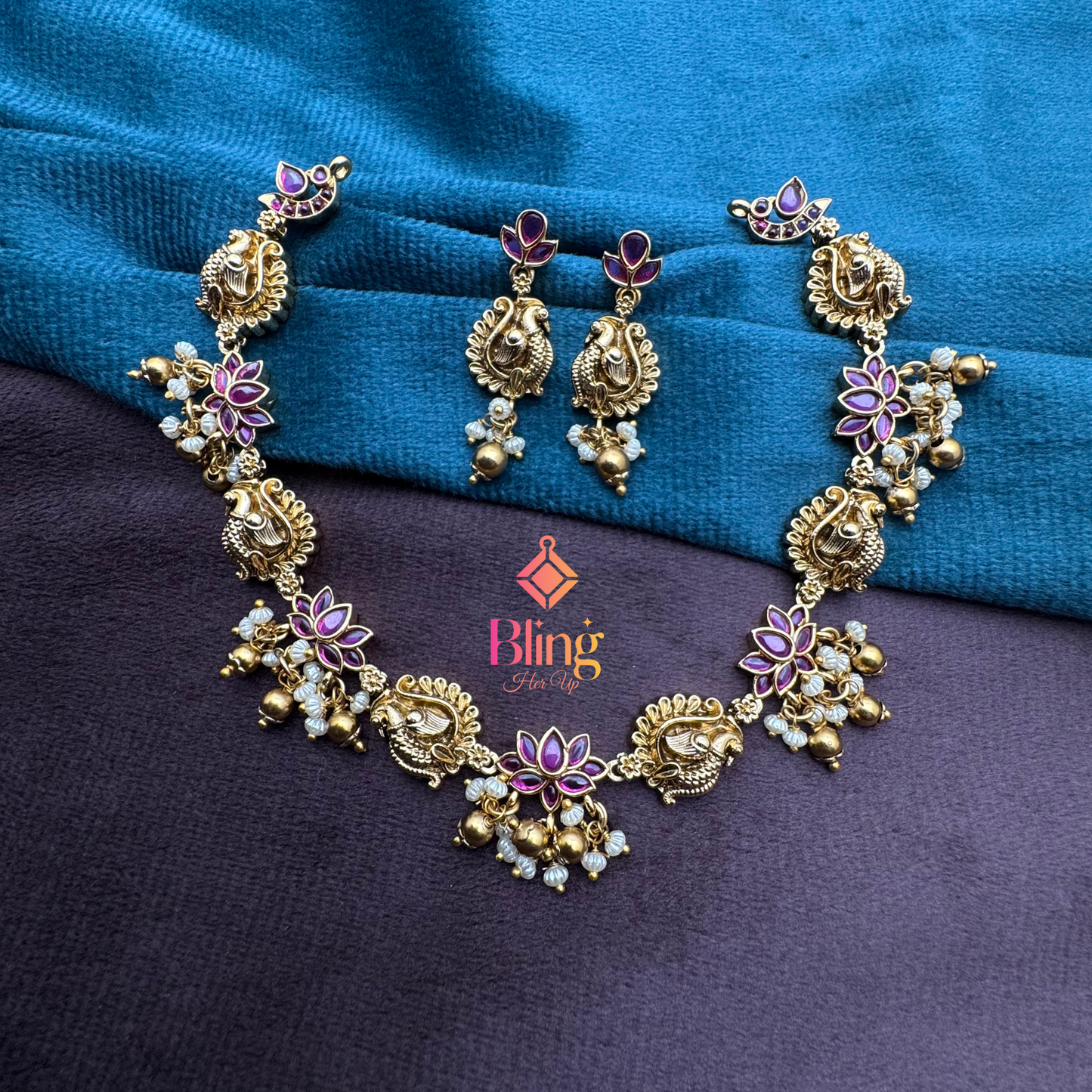 Peacock Lotus Glory: Antique Gold Temple Necklace Set