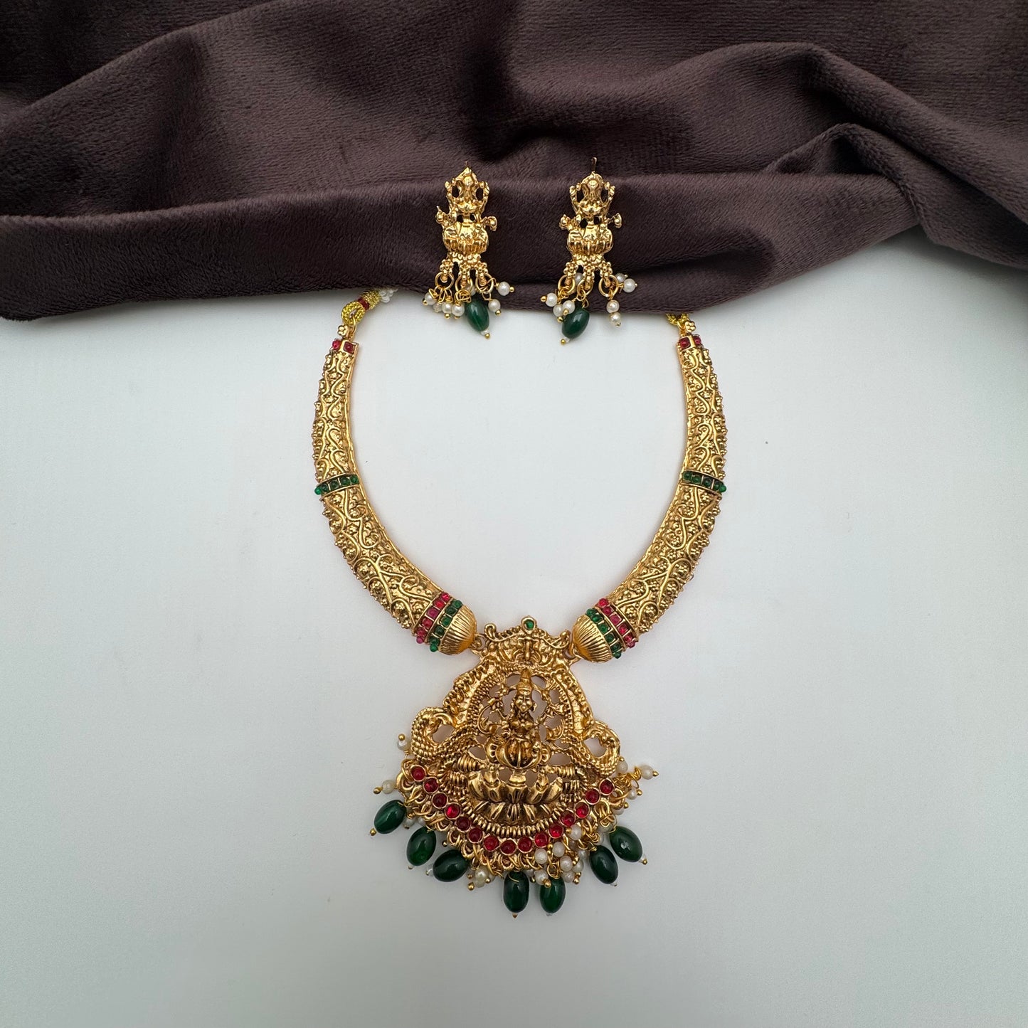 Lakshmi Devi Antique Temple Necklace Set – Handcrafted Heritage Jewellery with Green Bead Drops