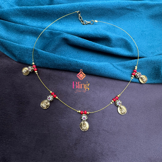 Red Bead Floral Necklace with Lakshmi Pendants