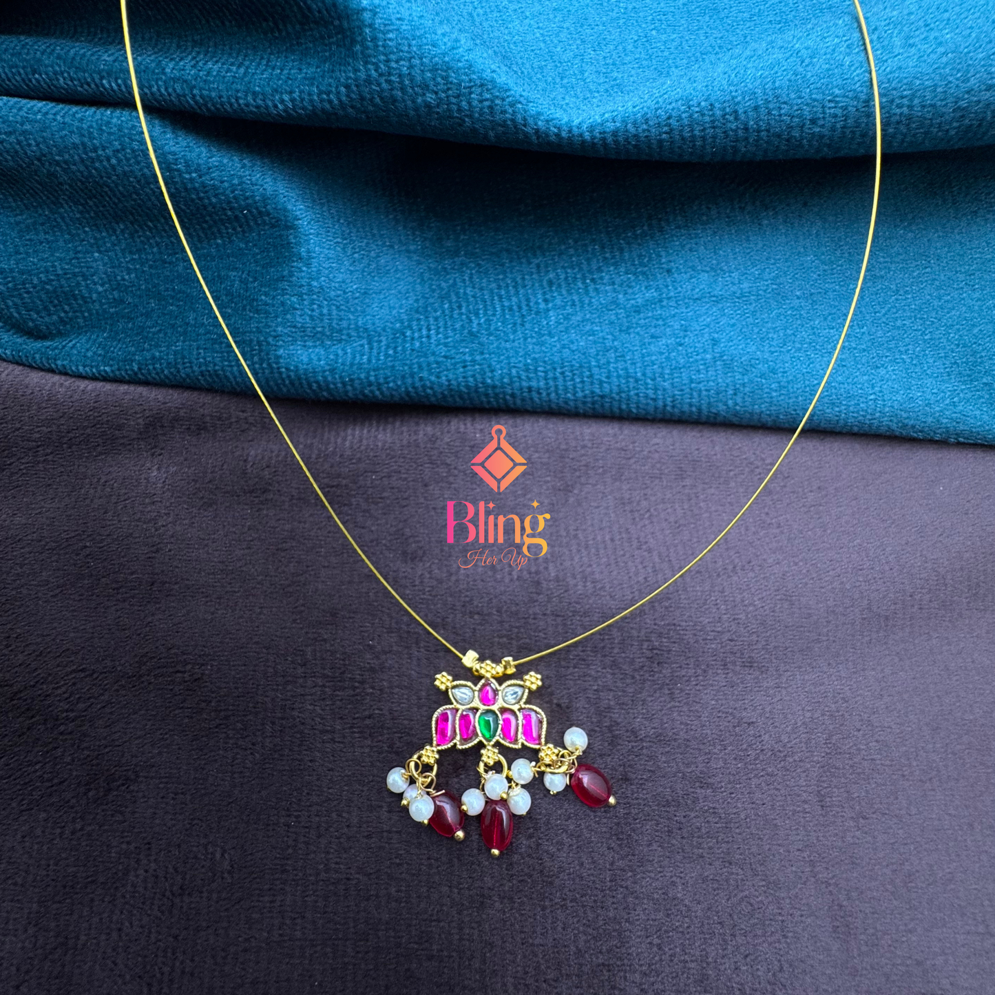 Inverted Lotus Kundan Pendant on Gold Invisible Chain