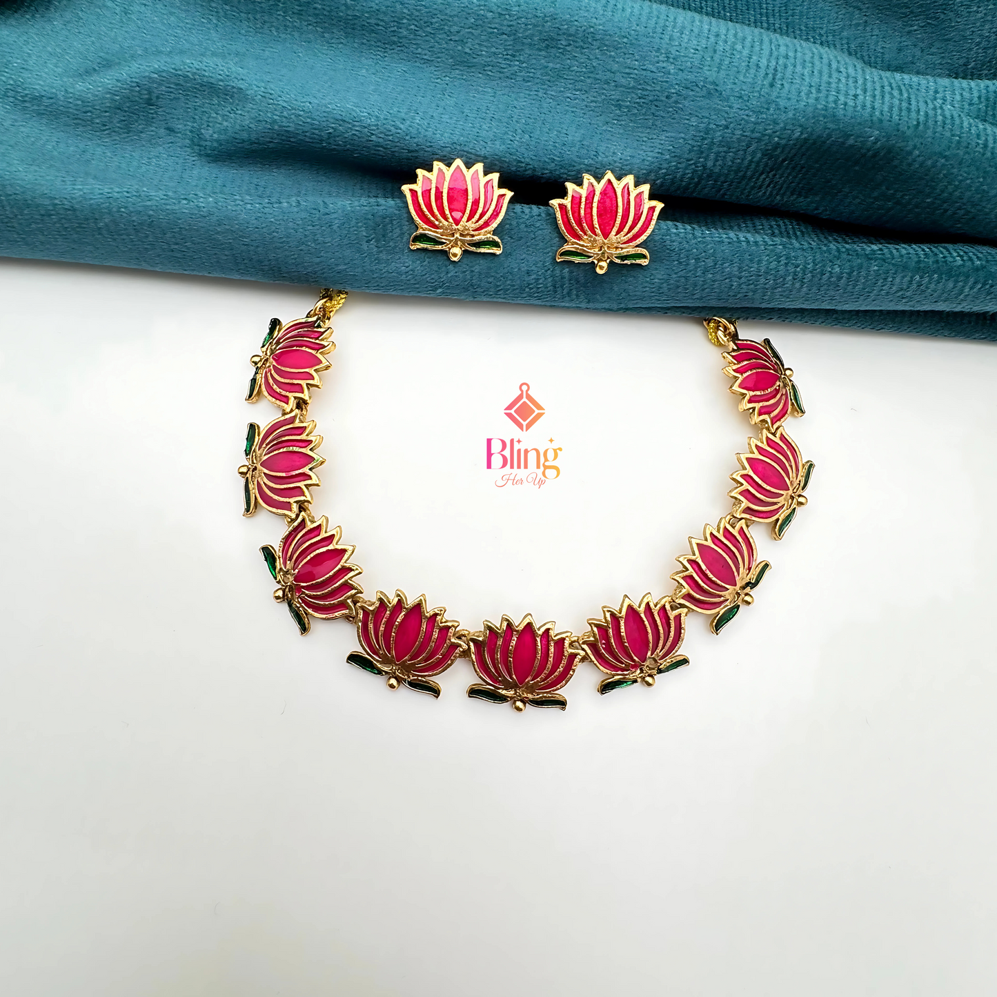 Ruby Green Enamel Lotus Statement Necklace with Stud Earrings