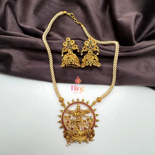 Divine Nataraja Temple Necklace Set – Antique Gold Finish with Pearl Chain & Jhumkas