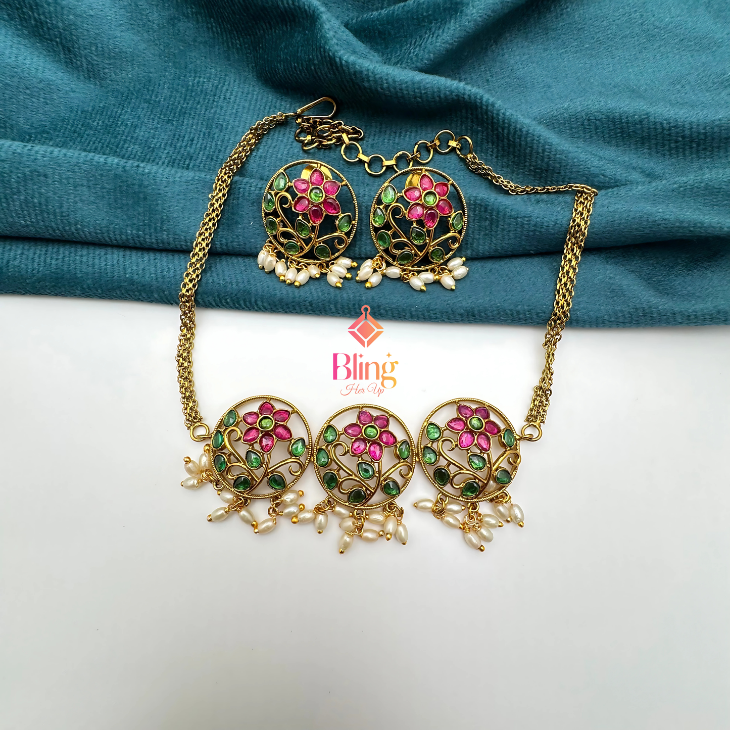 Elegant Gold-Plated Floral Choker Set with Pearls & Enamel