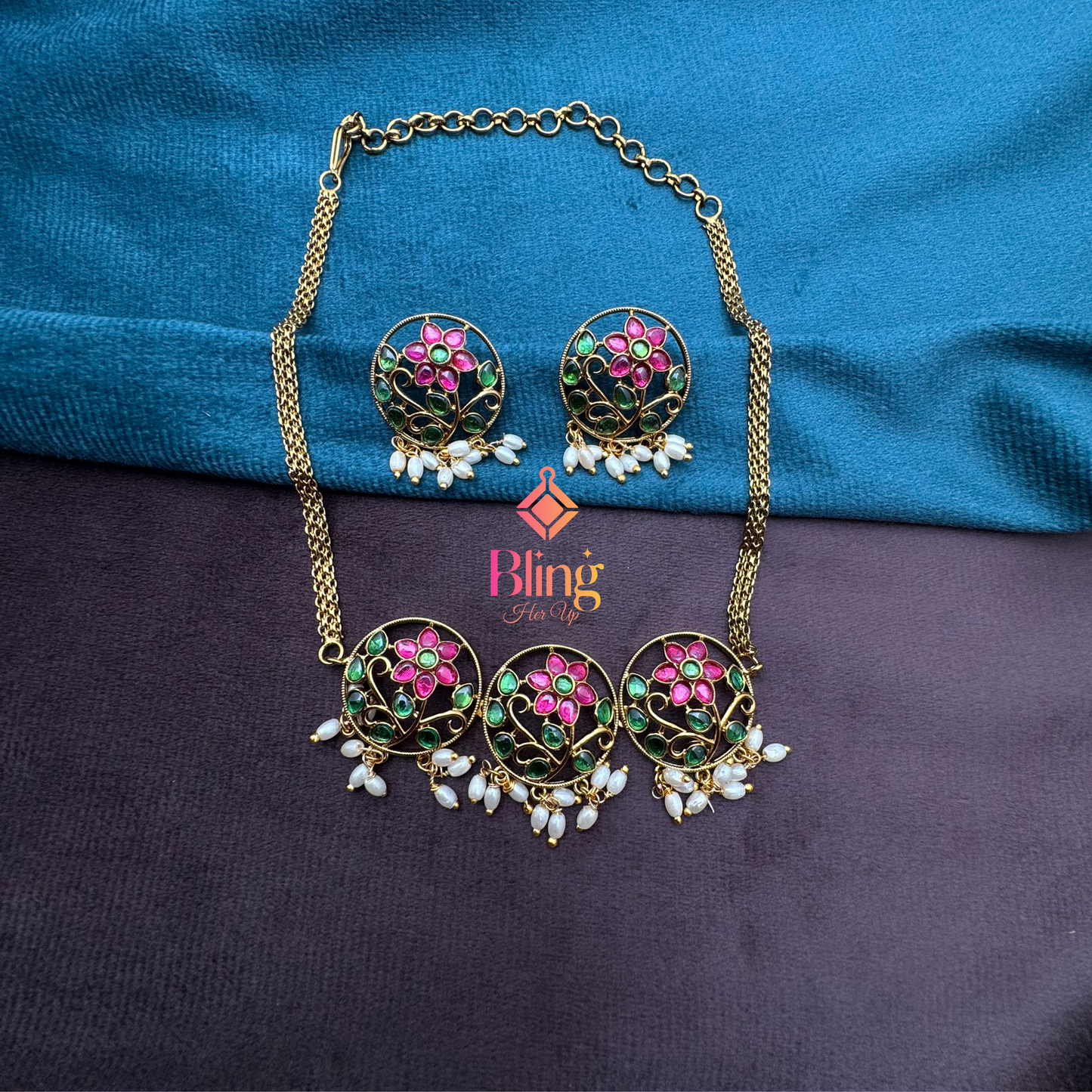 Elegant Gold-Plated Floral Choker Set with Pearls & Enamel