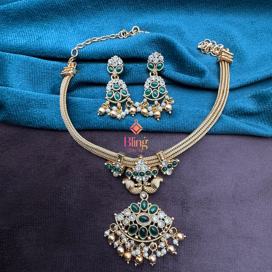 Temple Heritage Green Stone Necklace with Twin Peacock Motif