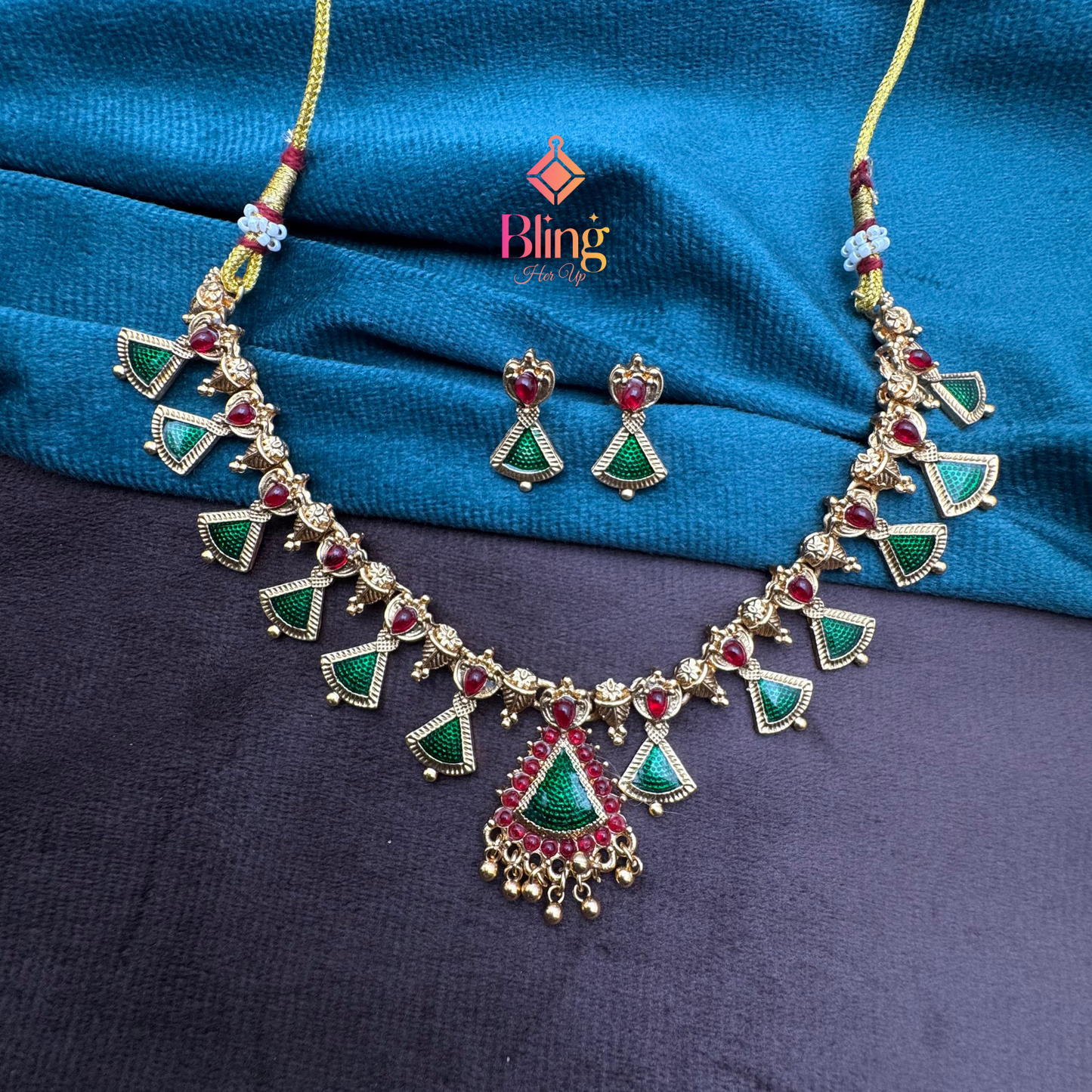 Traditional Deepam Necklace Set with Red-Green Accents & Pearl Drops
